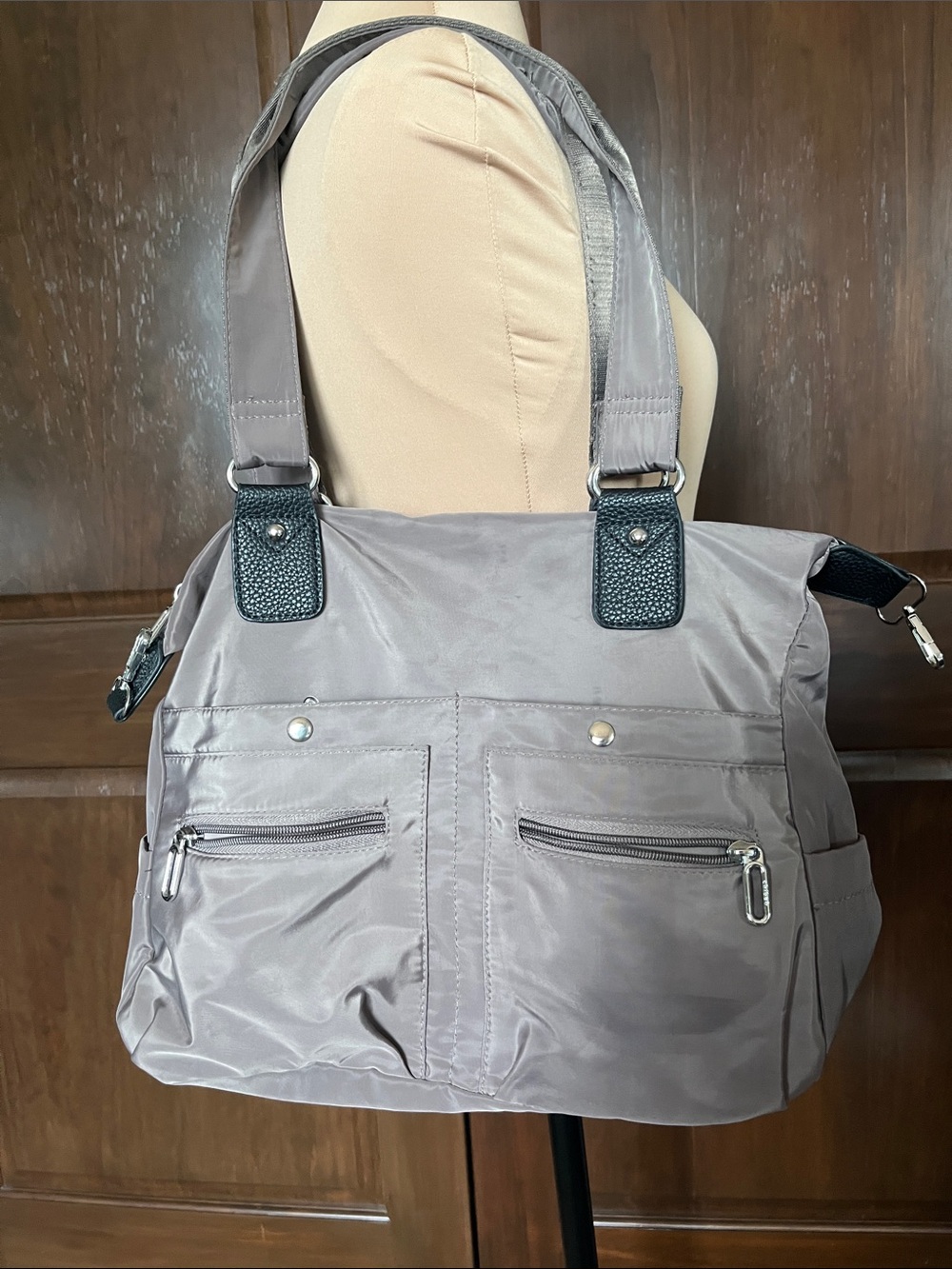 Taupe Women's Nylon Tote with Many Zip & Snap Pockets